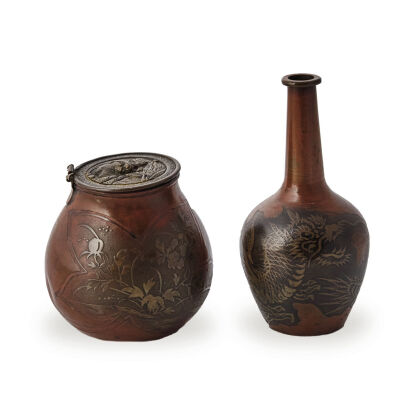 Korean Copper Base Vases decorated with dragon - 2 Pieces