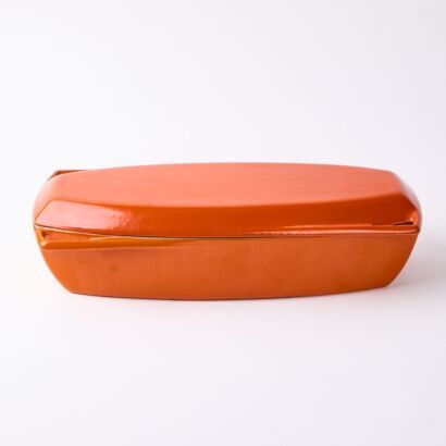 A Vintage Orange & White Nacco Denmark Enamel Cast Iron Dish