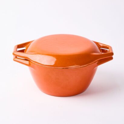A Vintage Orange & White Copco Denmark Enamel Cast Iron Dish