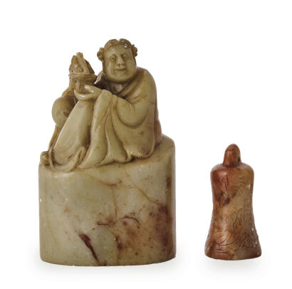 A Late 19th Century Chinese Shoushan Stone Carved Boy Knob Seal and Bell-shape Seal