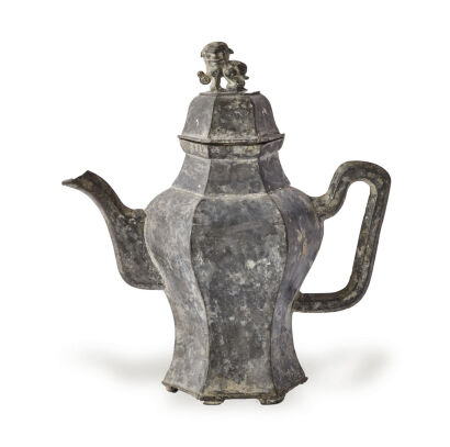 A Late 19th/Early 20th Century Chinese Hexagonal Tin Kettle with Lion Dog Knob