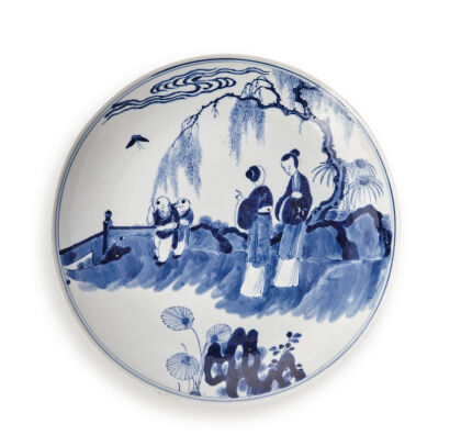 A Chinese Late Qing Dynasty Blue and White Plate decorated with Lady's Figures (Da Qing Kangxi Nian Zhi Mark?small chips on the rim)