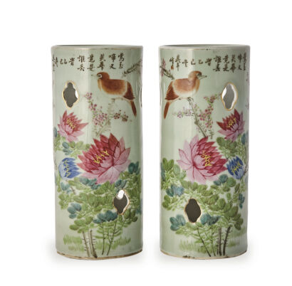 A Pair of Late Qing Dynasty/Republic Era Celadon Glazed Hat Holders decorated with flower and bird (Xu Dingfeng Zao Mark)