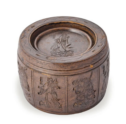 A Chinese Qing Dynasty Red Clay Lidded Jar decorated with eight immortals (Yuan Shunda Mark)