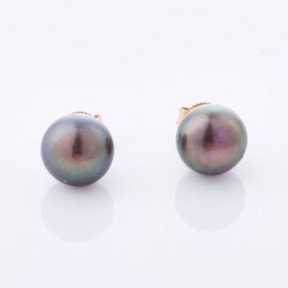 14ct White Gold, 8mm Semi Round Black Pearl Stud Earrings