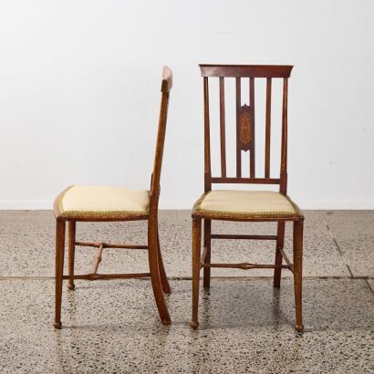 A Set Of Arts And Crafts Wooden Chairs With Art Nouveau Inlaid String Backs