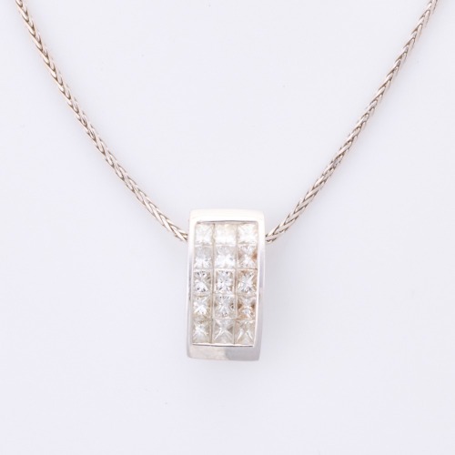 18ct White Gold, Modern, .39ct Princess Cut Diamond Pendant on 45cm Chain