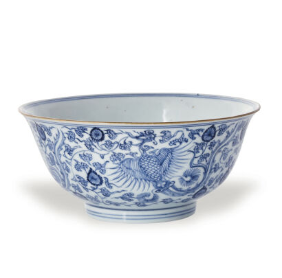 A Chinese Qing Dynasty Blue and White Bowl decorated with phoenix and flowers (Da Qing Yongzheng Nian Zhi Mark)