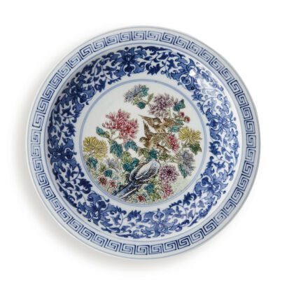 A Chinese Blue and White Famille Rose Saucer decorated with flower and bird (Da Qing Qianlong Nian Zhi Mark)