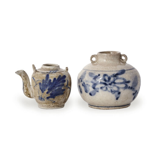 A Chinese Late Yuan/Early Ming Dynasty Blue and White Small Pot (tiny chip) and Bottle