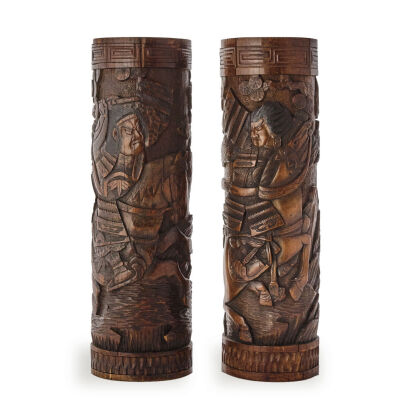 A Pair of Japanese Meiji Period Bamboo Carved Tubes engraved figures