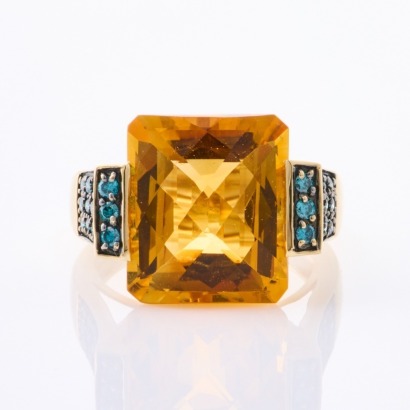 14ct Yellow Gold, Modern, Citrine and Treated Blue Diamond Ring