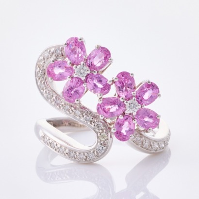 18ct White Gold, 2.50ct Pink Sapphire /.30ct Diamond Flower Dress Ring