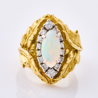 18ct Yellow Gold, Retro Style .75ct Opal / Diamond Ring