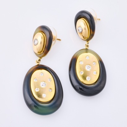 14ct Yellow Gold, Agate /Onyx / .75ct Diamond Earrings