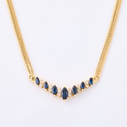 14ct Yellow Gold, .75ct Sapphire / .20ct Diamond on 41cm Herringbone Link Necklace