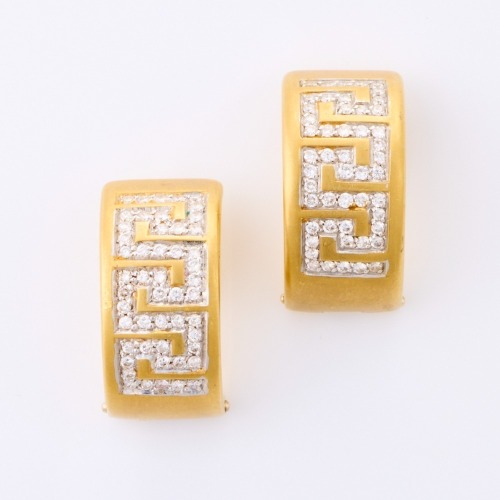 18ct Yellow Gold, Greek Key Design, Diamond Set Clip-on Earrings