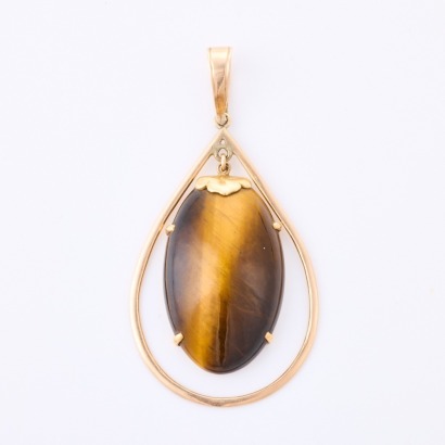 10 -15ct Yellow Gold, Cabochon Cut Tiger's Eye Pendant