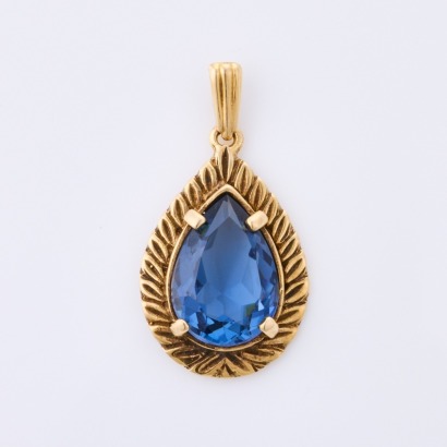 9ct Yellow Gold, Pearl Shape Blue Stone Pendant (Immitation Sapphire)