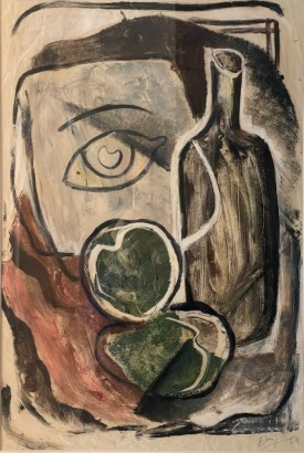 MELVIN DAY Still Life with Plaster Cast, Bottle and Fruit