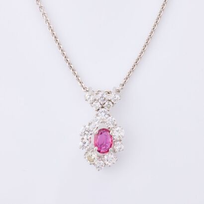 14ct White Gold, .35ct Ruby / .92ct Diamond Pendant on 18ct White Gold Cable Chain