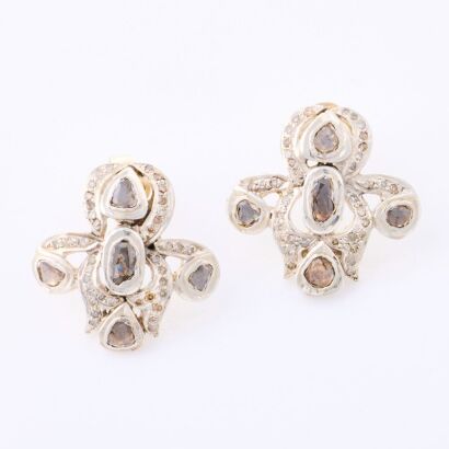 Silver / 18ct Yellow Gold, 1.20ct Polki Diamond Flower Shape Stud Earrings