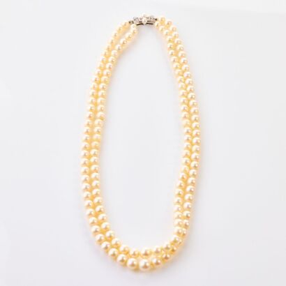 Double Strand of Pearls attributed to Mikimoto, 9ct White Gold. .03ct Diamond Set Clasp with Box