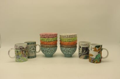 A group of ten bowls and four engraved mugs