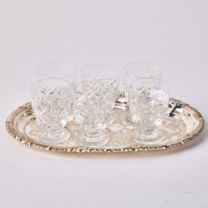 A Set of Six Webb & Corbett Crystal Liqueur Glasses on Plated Tray