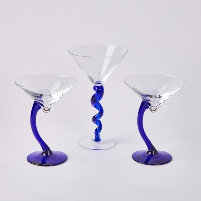 A Set of Six Blue Stemmed Martini Glasses
