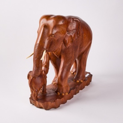 A Mid-Century Singaporean Carved Elephant Mother and Calf