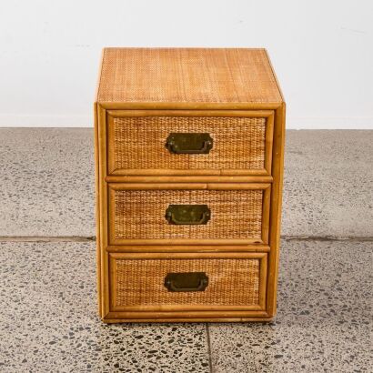 A Vintage Rattan Bedside Drawers With Brass Pulls