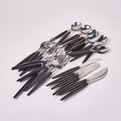 A Vintage Mid-Century Black And Stainless Steel Cutlery Set 32Pc