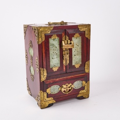 A Vintage Chinese Jewellery Box with Jade Inlay and Original Padlock