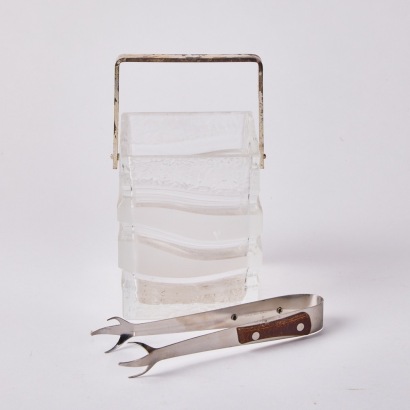 A German Cubist Crystal Ice Bucket with Ice Tongs