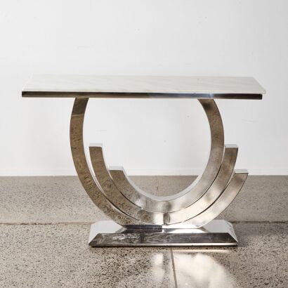 A Deco Style Marble and Stainless Steel Consul Table
