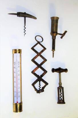 (1) Assortment of mainly brass wine openers, a brass thermometer and a 4 bottle wine carrier