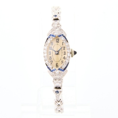 18ct White Gold, Art Deco, Diamond / Sapphire, Swiss Cocktail Manual Wind Wristwatch