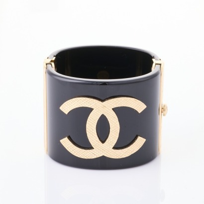 Chanel, Black Resin / Gold CC Cuff Bracelet with Box