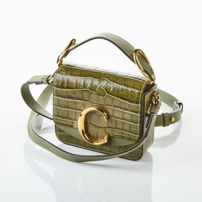 Chloe, C Mini Croc Embossed Misty Forest Leather Double Carry Bag