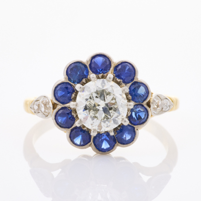 18ct Yellow Gold / Platinum, Vintage, 1.11ct Diamond / 1.00ct Sapphire Flower Ring