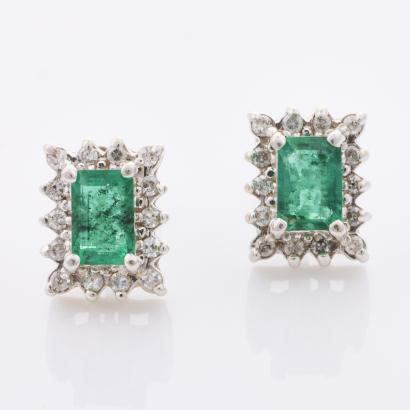 Vintage, 14ct White Gold, 1.18ct Emerald / .24ct Diamond Earrings