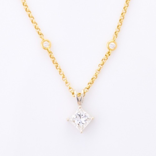 14ct White Gold, Princess Cut Diamond Solitaire Pendant on 18ct Yellow Gold, 44cm Diamond Set Chain