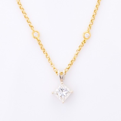 14ct White Gold, Princess Cut Diamond Solitaire Pendant on 18ct Yellow Gold, 44cm Diamond Set Chain