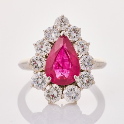 Platinum, Modern, 3.27ct Ruby / 2.19ct Diamond Pear Shape Cluster Ring