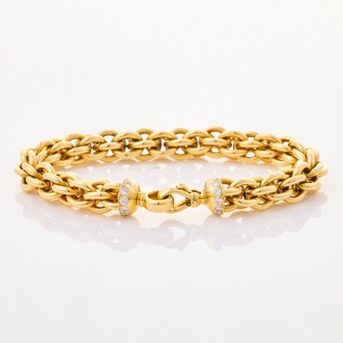 18ct Yellow Gold, Heavy, Modern Bracelet with 1.20ct Diamond Set End Caps