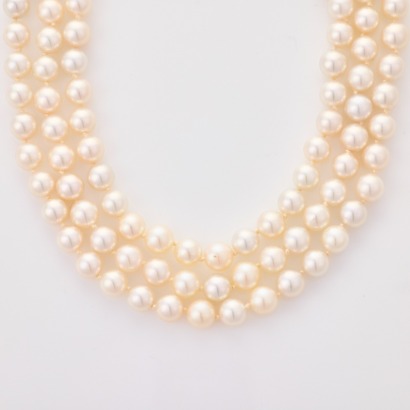 Triple Strand, Akoya Cultured Pearl Necklace with 14ct Yellow Gold .11ct Diamond Set Clasp