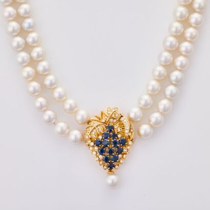 11ct Yellow Gold, Modern Pearl Strand, 3.77ct Sapphire /.85ct Diamond Clasp Pendant