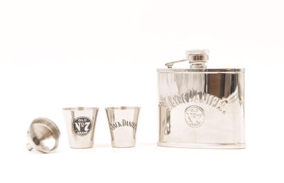 (1) Jack Daniels Hipflask with Two Cups and a Funnel