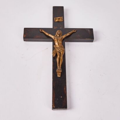 A Vintage Crucifix With Brass Tone Figure Of Christ